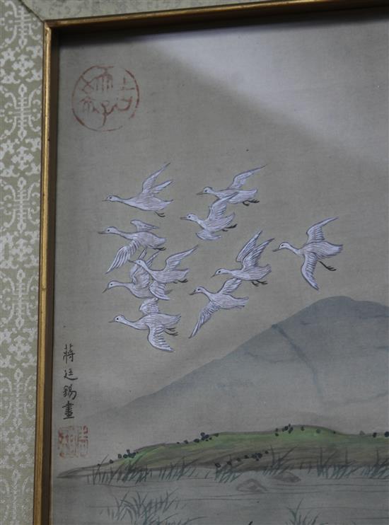 A large Chinese painting on silk in the hundred bird design, 20th century, 54 x 124cm excl. brocade covered frame